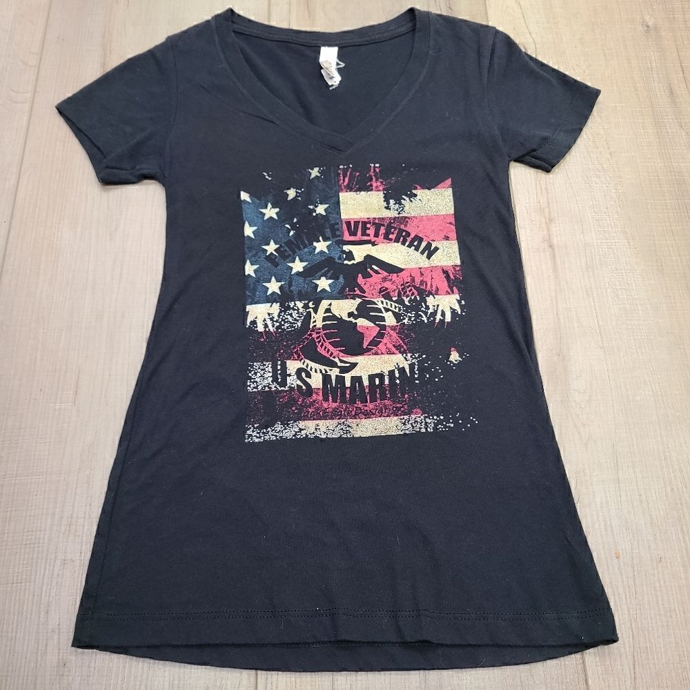 Female Marine Veteran Black V-Neck Tee